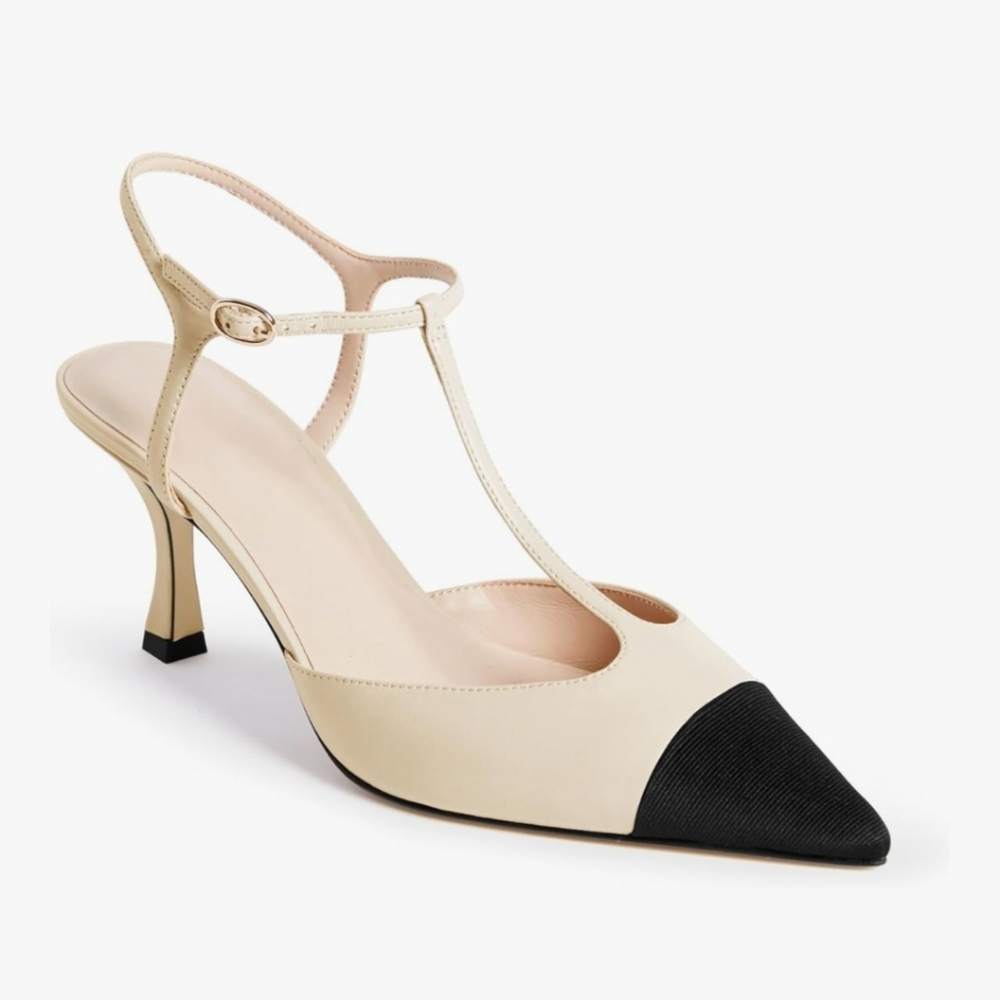 Pointed Two-Tone T-Strap Kitten Heel Pumps - Cream and Black